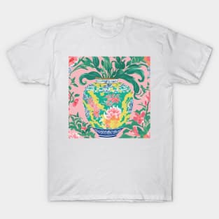 Yellow chinoiserie jar on pink T-Shirt